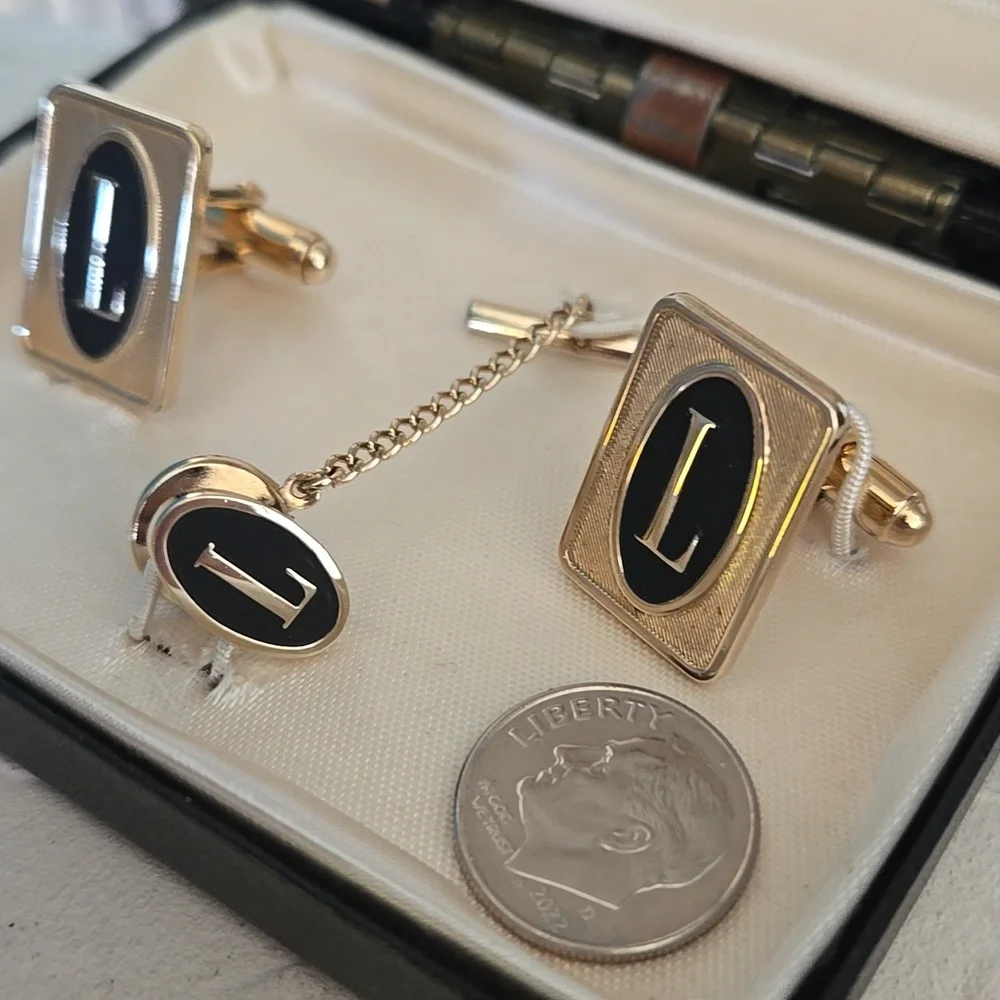 L- Initial Monogram Vintage Cuff Links & Tie Pin